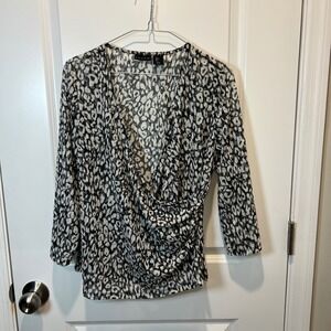 Tahari Leopard Print Sheer Draped Wrap Top Blouse Womens L
